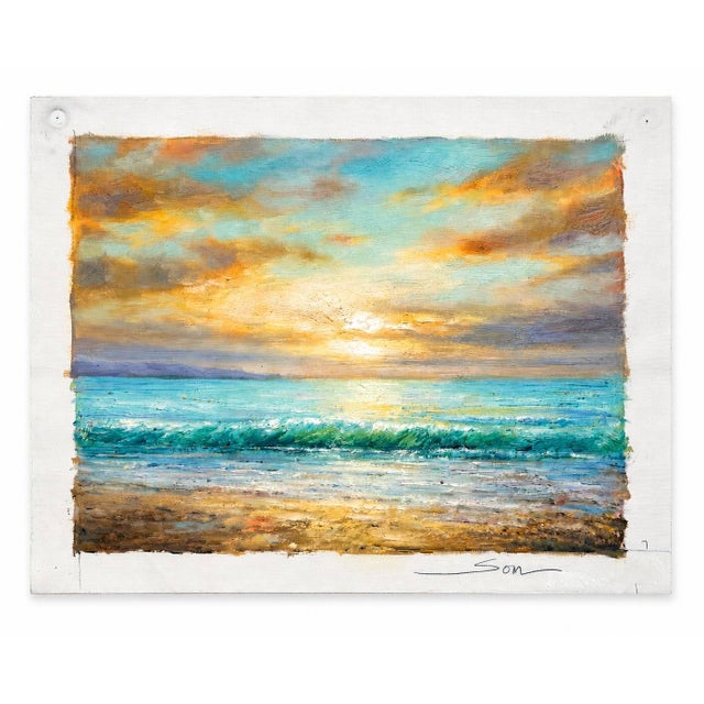 Original oil painting by artist Eric Son depicting a sunrise, rolling ocean waves, and dramatic cloud-filled skies. Rich...