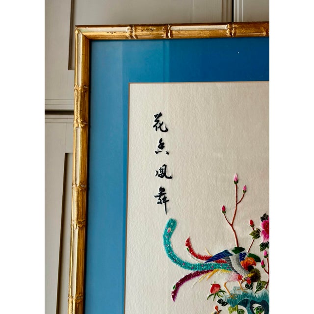 Blue Vintage Chinese Silk Hand Embroidery in a Custom Gilt Bamboo Wood Frame For Sale - Image 8 of 12