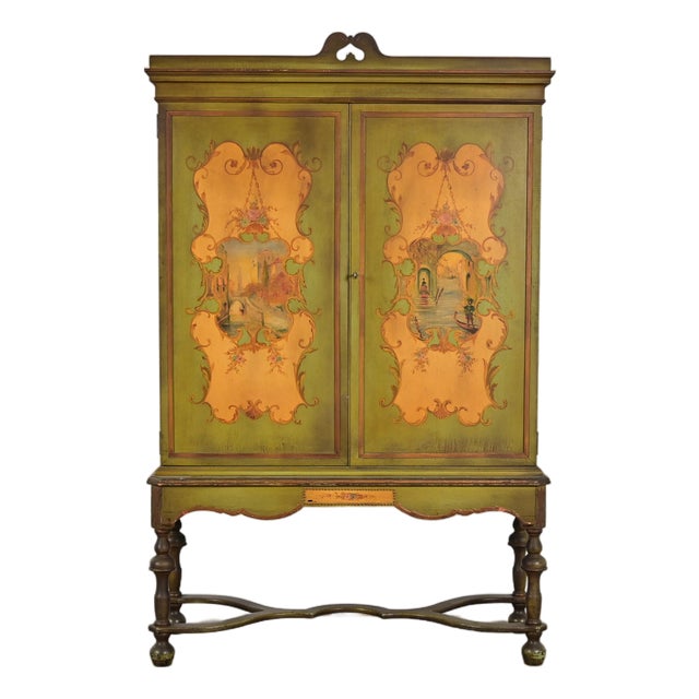 Berkey & Gay Antique Venetian Hand Painted Bookcase or Bar Cabinet, Circa 1920s For Sale