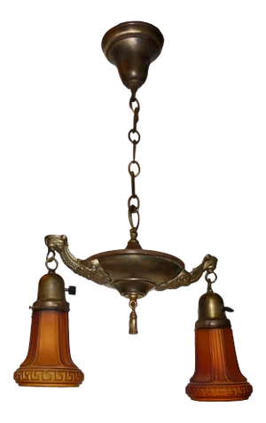 Beaux Arts Style Two Light Hanging Fixture, Amber Color Shades, Greek Key Design