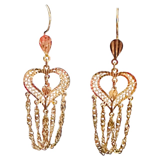 Vintage 21 Kt Yellow Gold 7.5 Gm Heart Dangling Earrings, 2.6 Inch Long For Sale - Image 4 of 8