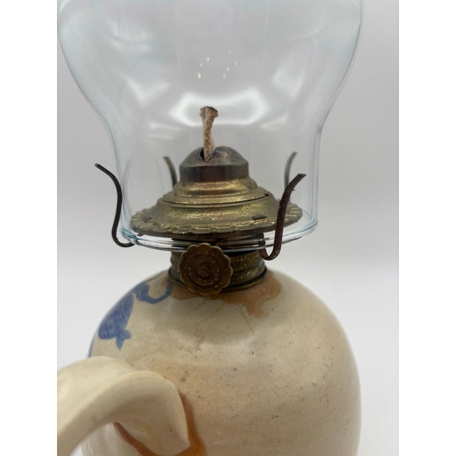 Blue Antique Blue & White Stoneware Oil Lamp With Glass Chimney For Sale - Image 8 of 10