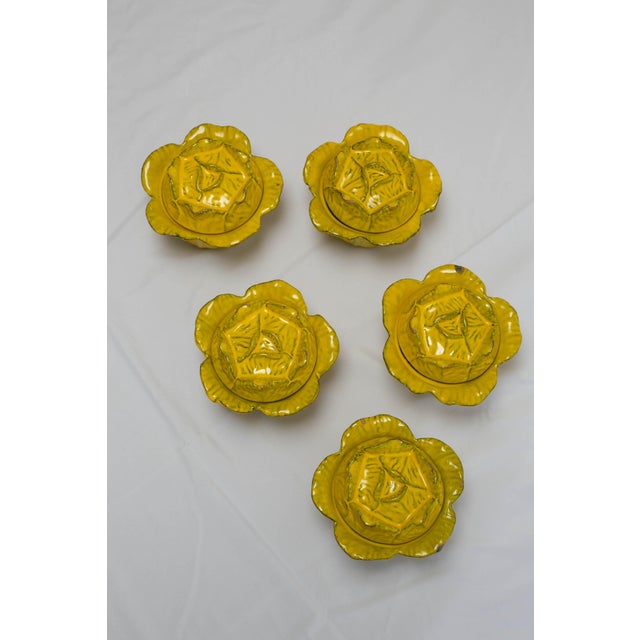 A vibrant set of five Italian majolica cabbage-form soup tureens, each with a matching lid, crafted in glazed terracotta...