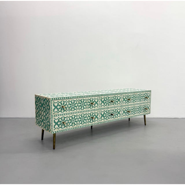 Moroccan Contemporary Moroccan Tile Handcrafted Bone Inlay Six-Drawer Chest For Sale - Image 3 of 6