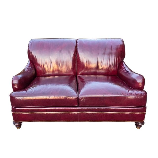Vintage Hickory Chair English Style Oxblood Leather Loveseat With Brass Nailhead Trim For Sale In Washington DC - Image 6 of 14