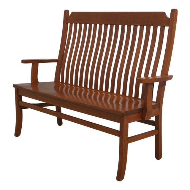 Arts and Crafts Style Solid Oak Slat Back Bench For Sale