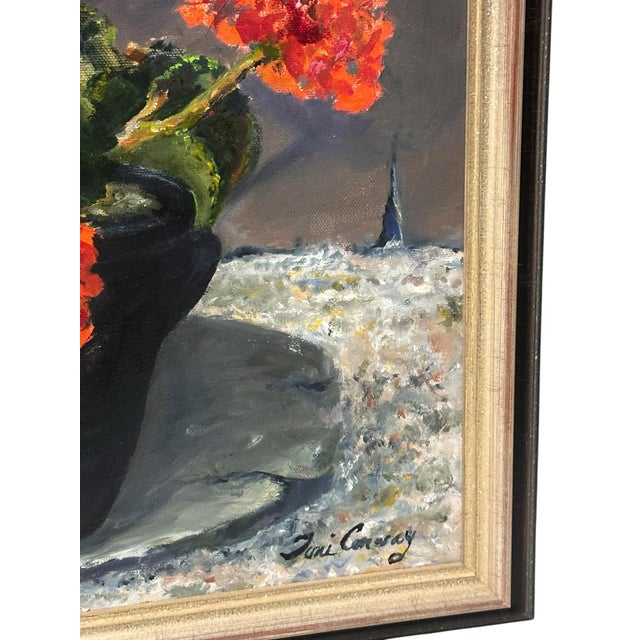 Wood Late 20th Century "Big Reds" by Toni Conway - Red Geranium Still Life Oil Painting For Sale - Image 7 of 11