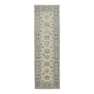 Early 21st Century Blue Floral Design Handwoven Wool Turkish Oushak Rug 2'6" X 8'7" For Sale