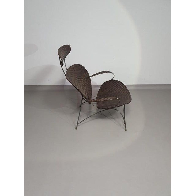 Brown Rattan and Metal Lounge Chair by Yuzuru Yamakawa, 1980s For Sale - Image 11 of 11