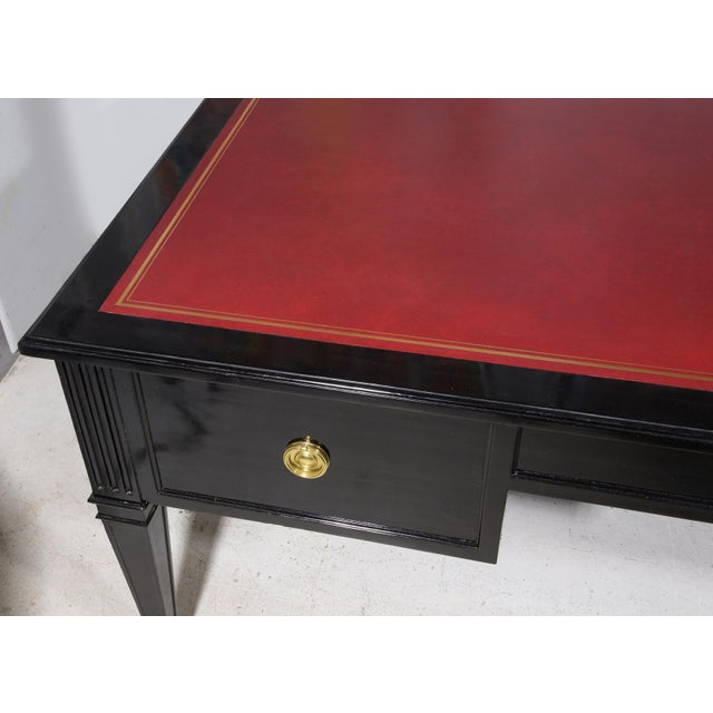 Wood Vintage Ebonized Leather-Top French Bureau Plat Faux-Partner's Desk For Sale - Image 7 of 8