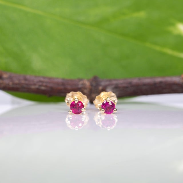 Modern Mozambique Ruby Stud Earrings, Solid 14k Gold, 3mm Round, July Birthstone, Pair For Sale - Image 3 of 7