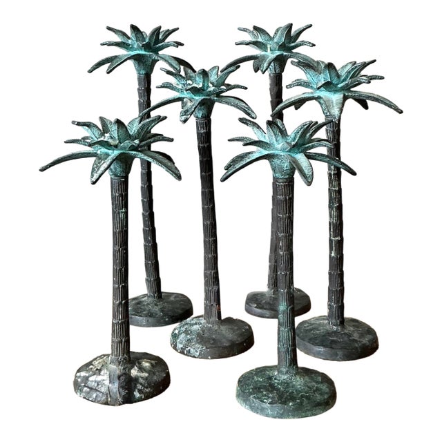Vintage Coastal Patinated Cast Metal Palm Tree Candlesticks - Set of 6 For Sale