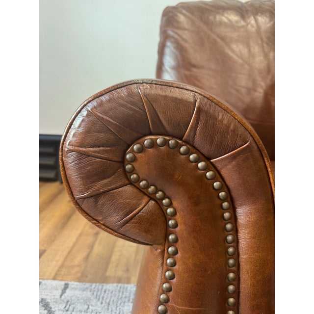 Vintage Traditional Chocolate Brown Solid Leather Club Recliner With Brass Nailhead Trim For Sale - Image 11 of 16
