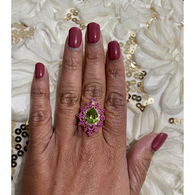 3.51 Carat Natural Peridot Sapphire Diamond Rose Gold Cocktail Ring, Size 7 For Sale - Image 4 of 6