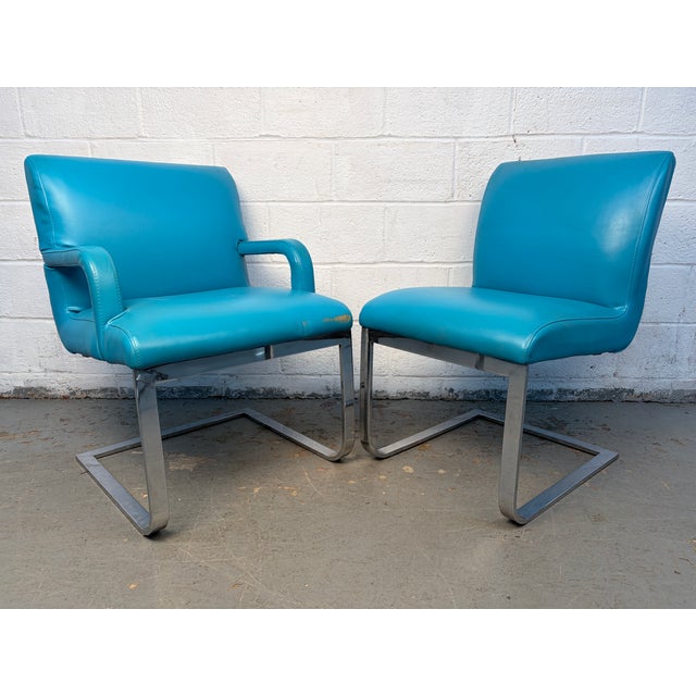 Mid 20th Century Vintage Blue Vinyl Flat Bar Chrome Dining Chairs - Set of 6 For Sale - Image 5 of 17