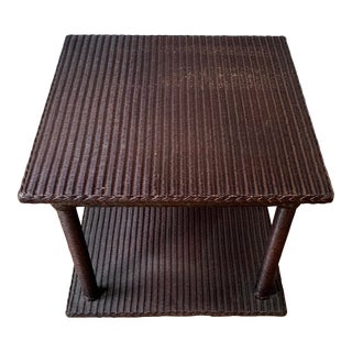 1990s Square Rattan Covered Wood Side Table For Sale