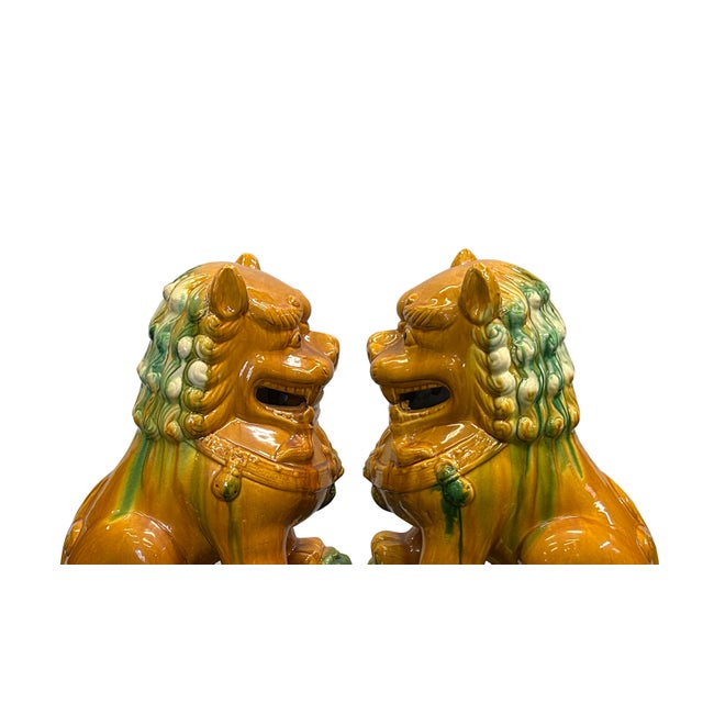 Pair Chinese Tri-Color Mustard Yellow Glaze Fengshui Lions Foo Dogs For Sale - Image 9 of 15