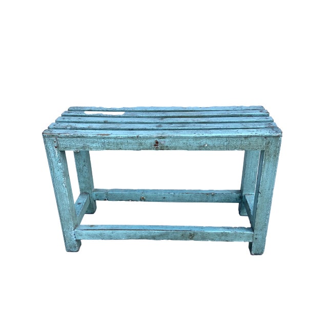 Wood Rustic Blue Painted Bench For Sale - Image 7 of 9