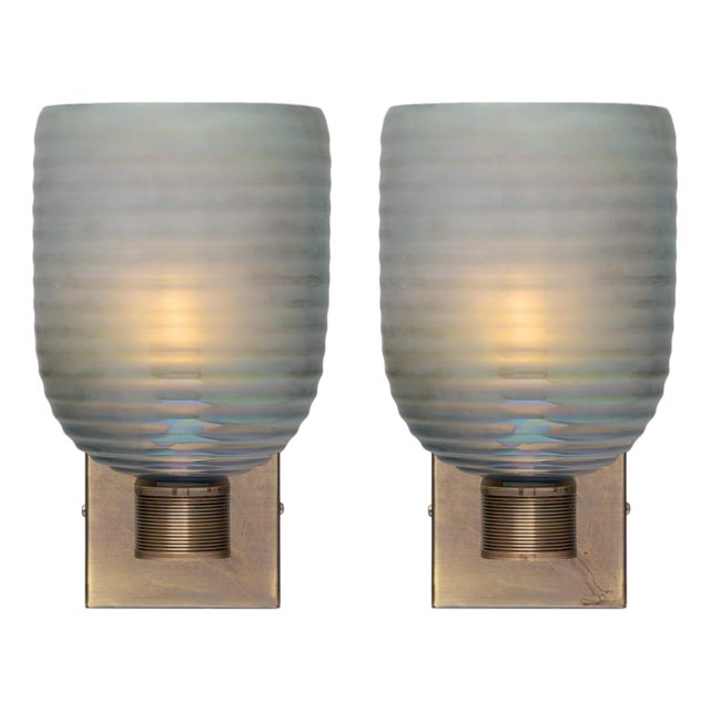 Modern Venetian Glass Sconces, Blue Iridescent, Murano, Italy For Sale