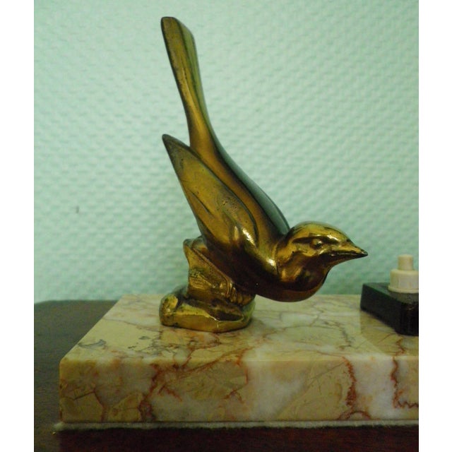 Table Lamp with Marble Base, Brass Bird Decoration and Opaline Lampshade, 1940s For Sale - Image 4 of 17