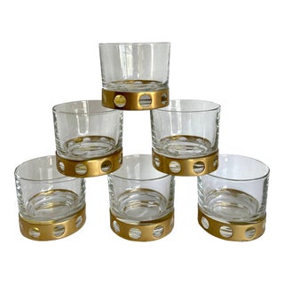 Vintage Set of 6 Lowball Glasses With Modern Brass Band For Sale