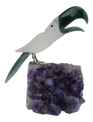Vintage C.1990's Geode Amethyst Purple Crystal Speciman With Mounted Precious Stone Carved Bird