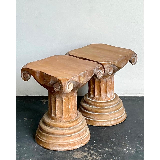 Mid-Century Modern Vintage Corinthian Column Pedestal Low Stools - A Pair For Sale - Image 3 of 16