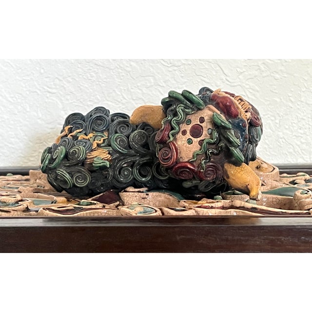 Mounted Glazed Shiwan Yellow Foo Dog / Guardian Lion Tile, Chinese Ceramic Wall Hanging For Sale - Image 9 of 11