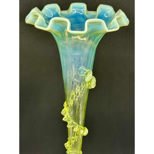 Antique Victorian Epergne Light Green Vaseline Glass Ruffle Ca 1880 Art Glass Vase Glows For Sale In New York - Image 6 of 11
