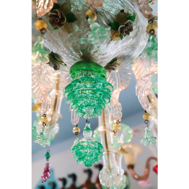 Vintage Venetian Murano Hand Crafted Green Glass and Flowers Chandelier, 1960s For Sale - Image 3 of 9