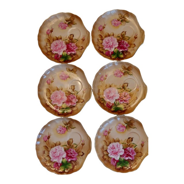 1930s Lefton Heritage Brown Floral Snack Plate and Cup Sets- 12 Pieces For Sale