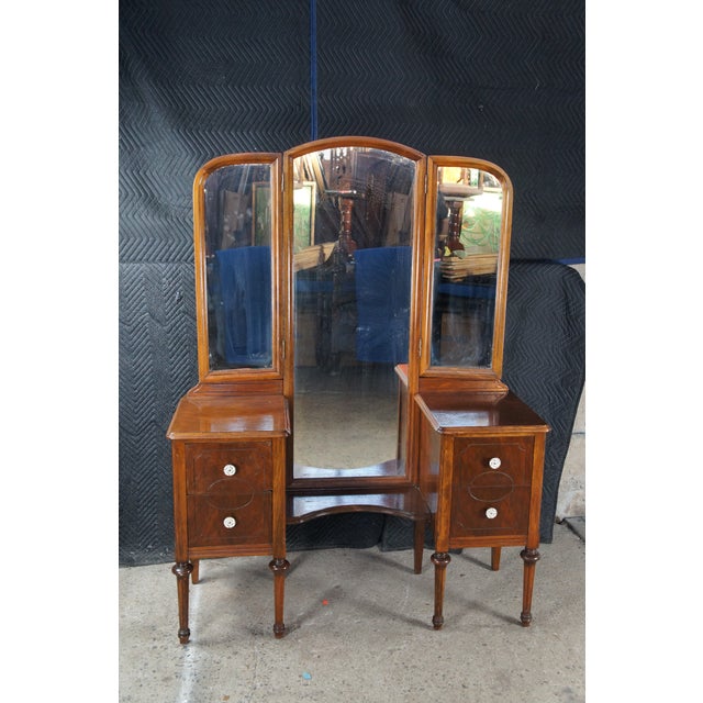 1940s Antique Walnut Dressing Table Vanity Desk W Trifold Mirror 68" For Sale - Image 5 of 12