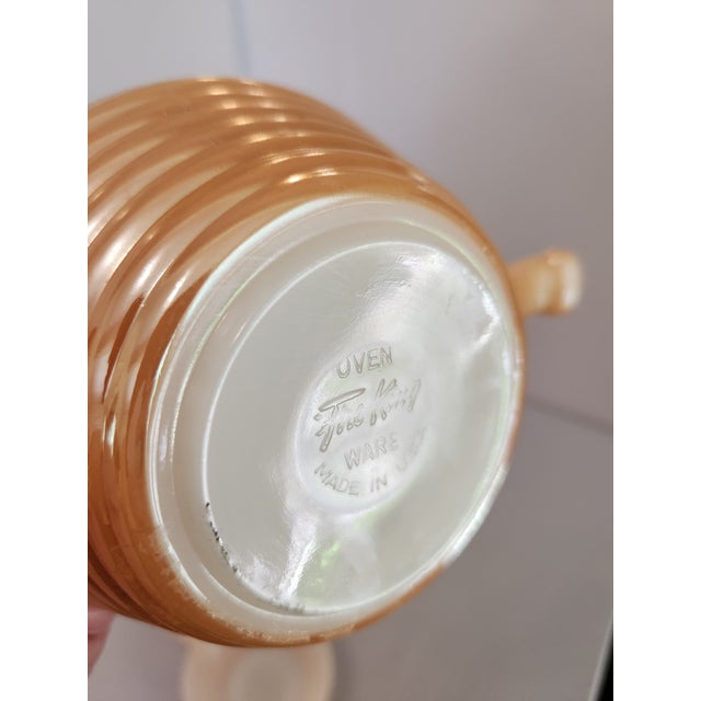 Mid-Century Modern Vintage Fire King Peach Luster Beehive Ovenware Handled Soup Bowl With Lid Set of 4 - Beehive Design For Sale - Image 3 of 13