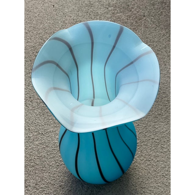 Encased Glass Vase 12” Deep Sky Blue W/Purple Stripes, Elegant Silhouette, Handmade Whimsical For Sale In West Palm - Image 6 of 12