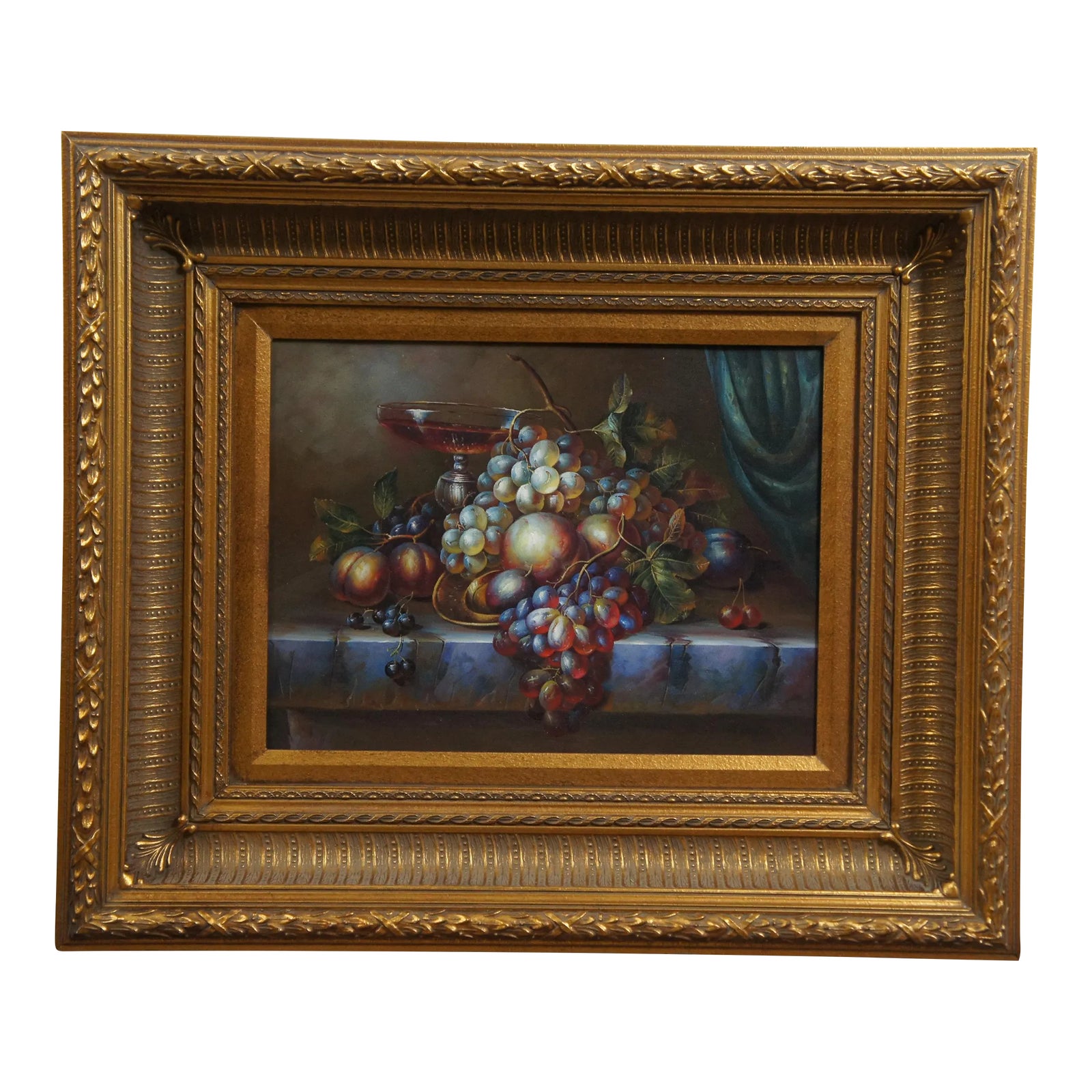 Vintage Still Life Fruit Grapes Wine Oil Painting on Canvas Gold Frame ...