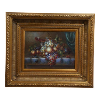 Vintage Still Life Fruit Grapes Wine Oil Painting on Canvas Gold Frame 27" For Sale