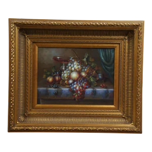 Vintage Still Life Fruit Grapes Wine Oil Painting on Canvas Gold Frame 27"