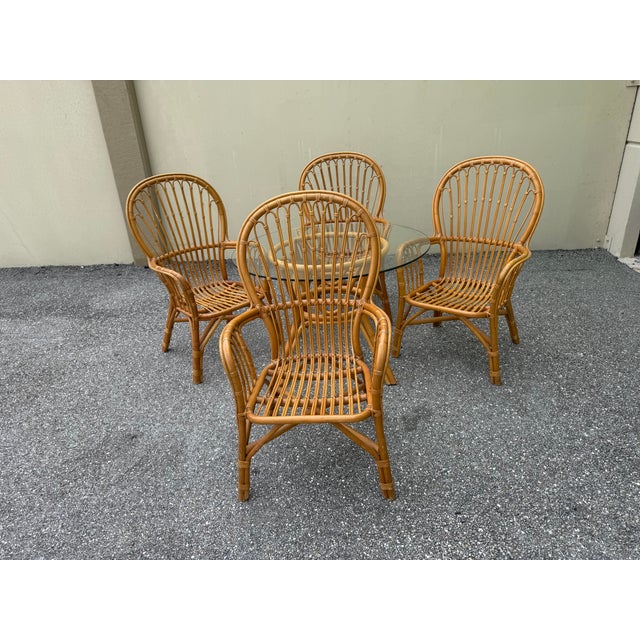 1980s Coastal Island Style Rattan/Bamboo Glass Top Dining or Game Table & 4 Chairs a Set For Sale - Image 9 of 11