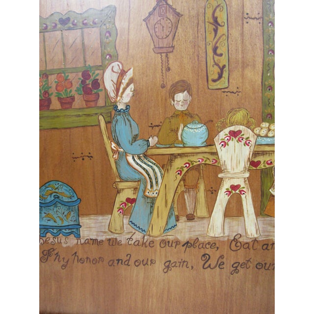 A charming, one-of-a-kind piece of mid-20th-century American folk art, hand-painted directly onto a wood panel. The warm...