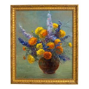 Abstract Still Life Flowers in Vase Oil Painting Artist Signed