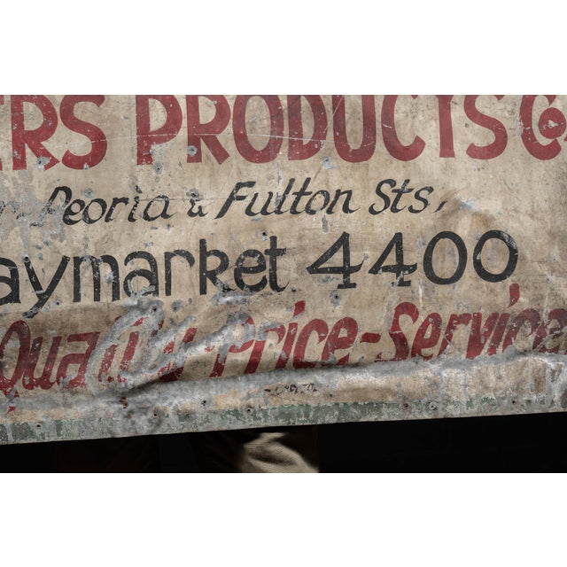 Greige Early 20th Century Fulton Market Butchers Products Co. Hand-Painted Tin Trade Sign For Sale - Image 8 of 11