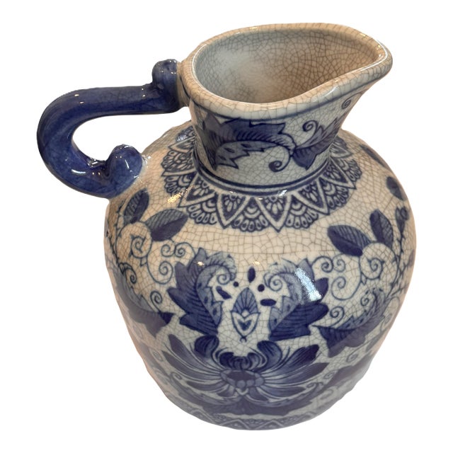 Vintage Chinese Blue and White Porcelain Pitcher With Crackle Glaze For Sale
