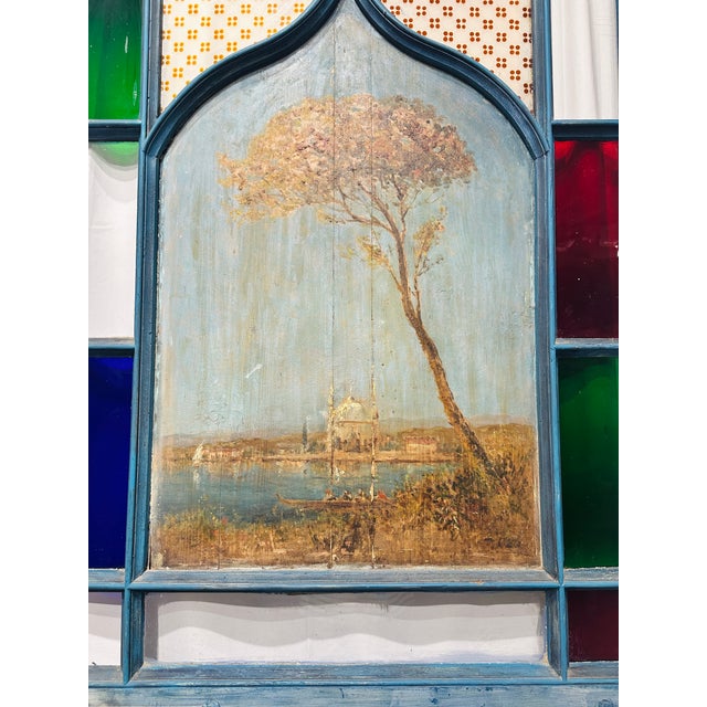 Antique Late 19th Century Blue Painted Moorish Style Stained Glass Door With Hand-Painted Landscape Panel For Sale - Image 4 of 15