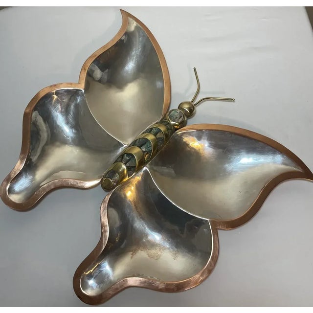 Metal Mid 20th Century Mid Century Los Castillo Style Butterfly Tray Mixed Metals Brass Copper Silver Abalone For Sale - Image 7 of 12