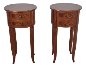 2000s Petite Oval Cherry & Burl Wood Inlay Traditional Side Tables Nightstands W/ Single Drawers, a Pair