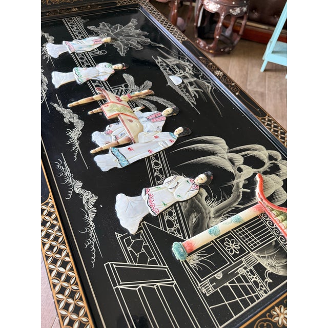 Mid 20th Century Vintage Chinese Lacquer Cabinet Sideboard W/ Raised Hardstone Mother of Pearl Figural Inlay For Sale - Image 5 of 8