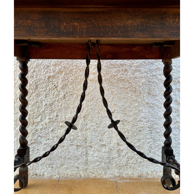 Baroque 19th Century Spanish Side Table with Cared Turned Legs and Iron Stretcher, 1850 For Sale - Image 3 of 18