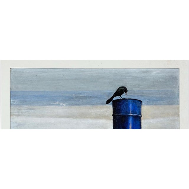 Original 1970s Pacific Northwest Oil on Board Painting Crow on Blue Drum by William Bill Sharp For Sale - Image 4 of 13
