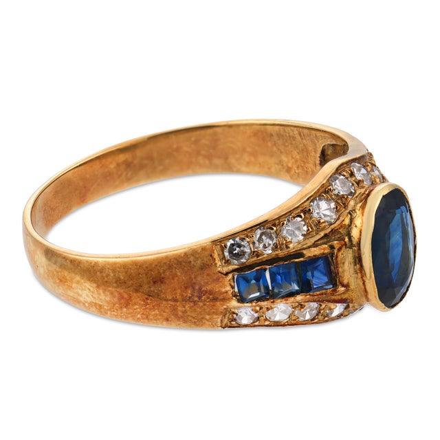 Vintage Sapphire Diamond 18k Yellow Gold Ring, Size 5.25 For Sale - Image 4 of 6