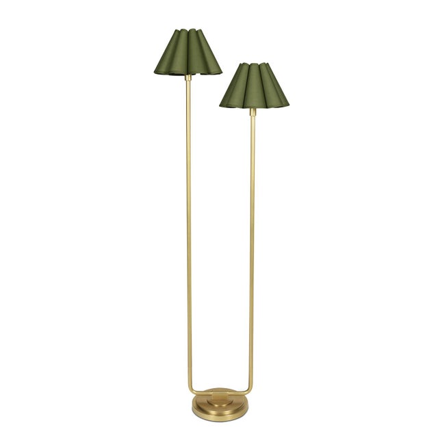Polly Double Arm FloorLamp, Natural Brass with Olive Scalloped Shade For Sale In Detroit - Image 6 of 6
